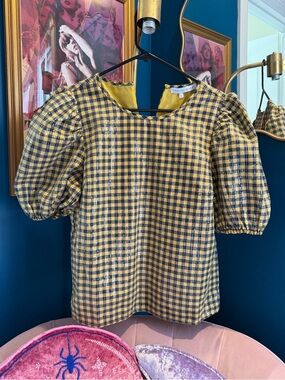 English Factory Yellow & Navy Gingham Puff Sleeve Blouse